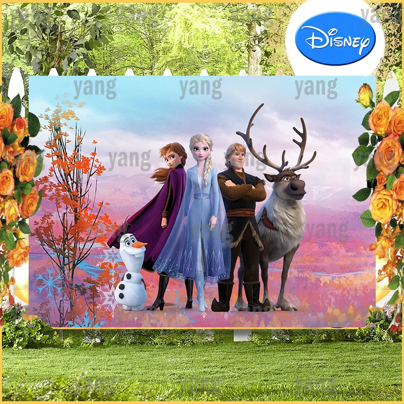 

Disney Cartoon Cute Sven Olaf Magic Frozen Princess Elsa Anna Birthday Party Colorful Red Leaves Backdrop Photography Background