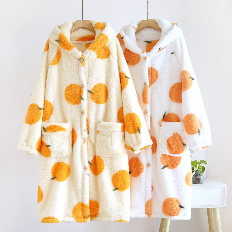 Bathrobe Robe Hood Thermal Cardigan Women Nightgown Flannel Autumn Winter Thicken Long Sleeves Hooded Robes Home Gown sleepwear