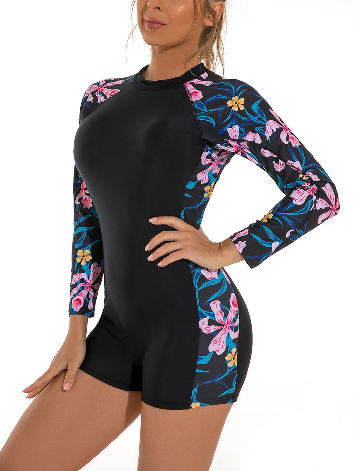Women Long Sleeve Bust Pads Rash Guard Bathing Swimwear Floral Print Back Zipper Swimming Jumpsuit Beach Swims Bodysuit Swimsuit