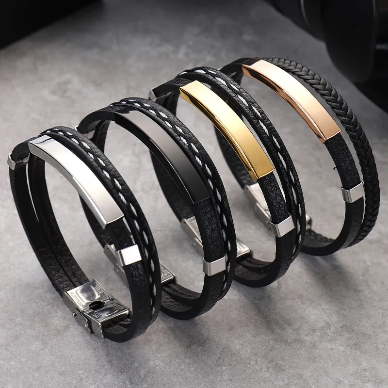 

New Punk Couple Leather Bracelets For Men Women Titanium Steel Charm Adjustable Chain Multi-layer Bangle Fashion Jewelry