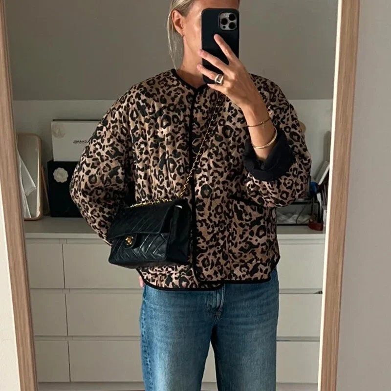 TRAF парки 2024 женская стеганая куртка с леопардовым принтом винтажная короткая