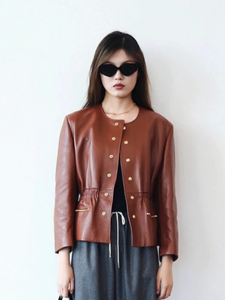 

2022 Autumn and Winter New Retro Brown Women Leather Jacket Short Waist PU Leather Long-sleeved Jacket