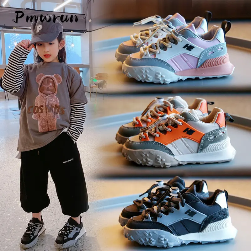 Children Fashion Flat Match Color Sport Shoes Kid Outdoor Warm Climb Run Soft Shoes Student Winter Spring Lace Up Sport Shoes