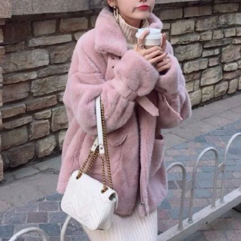 Cool Girl Punk Style Leather 2023 Autumn Winter Motorcycle Suit Imitation Mink Plush Jacket with Leather Buckle and Fur Coat