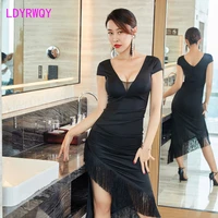 2022 new long thin low cut night show sexy long dress office lady polyester knee length