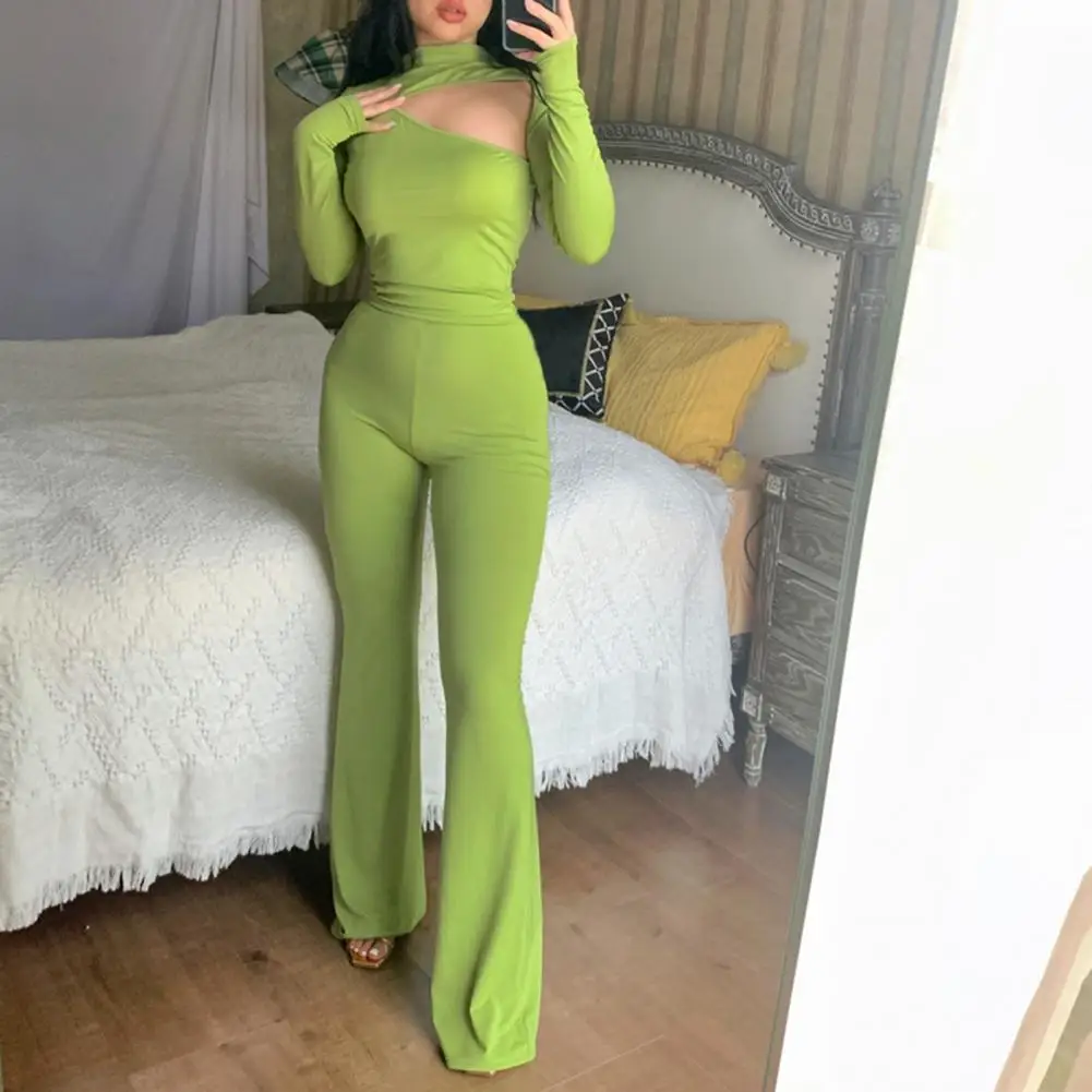 

Women Outfit Crew Neck Solid Color Hollow Out Slim Fit Fashion Streetwear Long Sleeve Tops Flared Pants Skinny Two-Piece Set