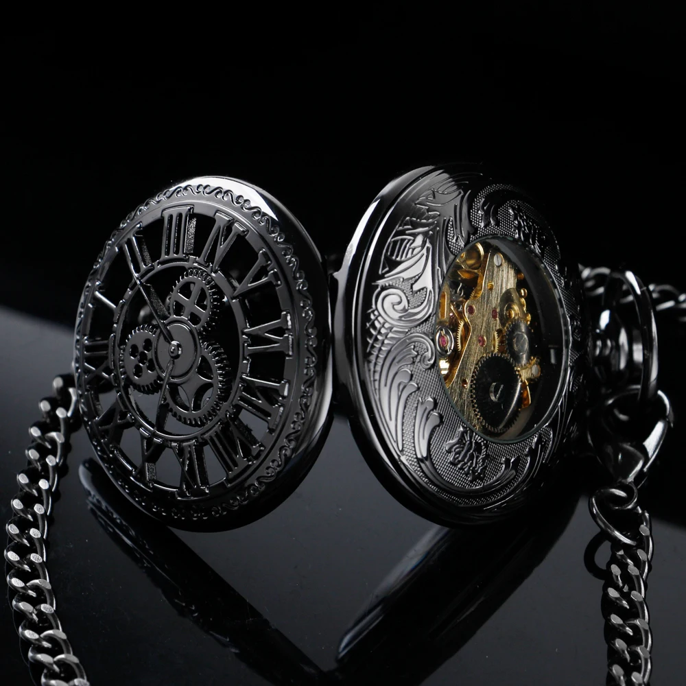 New Black Text Sculpture Mechanical Pocket Watch with Fob Chain Roman Digital Dial Fashion Pocket Watch Men's and Women's Gift
