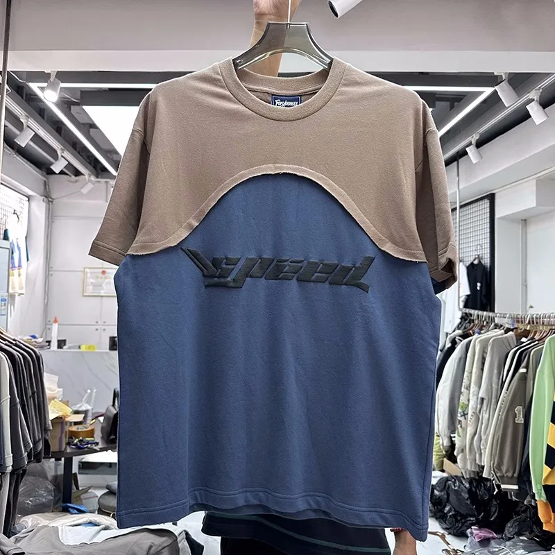 

New Puff Print Letter Patchwork T-Shirt Men Women Short Sleeve Tees Vintage T Shirt Tops Tee Oversized
