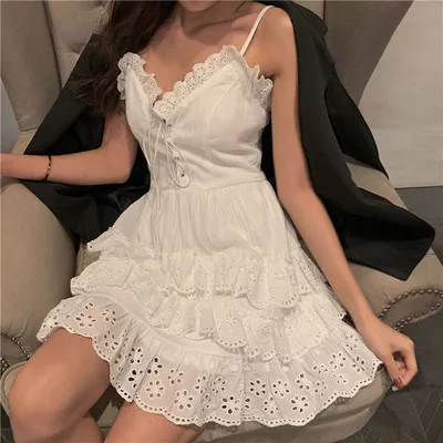

Women Summer Sleeveless V-neck Lace Up Ruffles Female Sweet Cottagecore Lolita Dress Sundress Slim Dresses Vestido Beach White