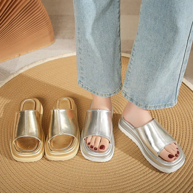 2023 Summer Platform Sandals For Women Wedge Slingback Fashion Metallic Glitter Open Toe Slipper Shoes Casual Slip On Sandals
