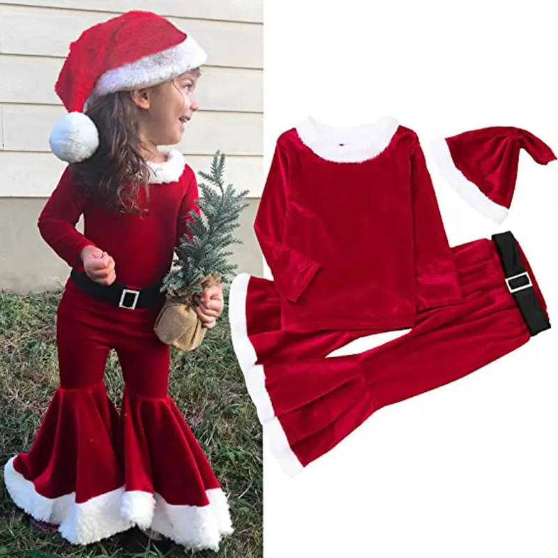 

Christmas Outfit For Baby Girl Boy Clothes Santa Xmas Kid Hat+T Shirt Top+Belt+Pant 4PC Set Tracksuit