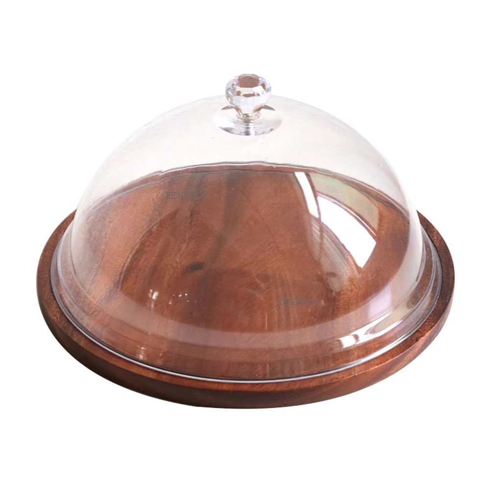 

Cake Wood Tray with Clear Acrylic Cover Round Bread Display Plate Dessert Dish for Restaurant