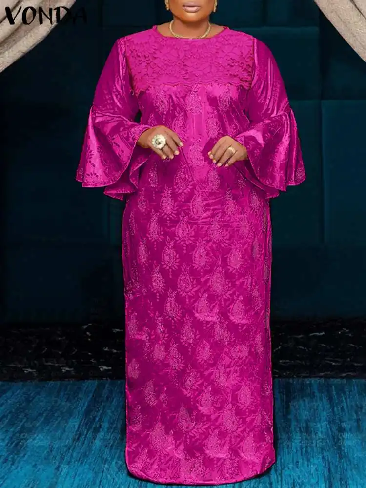 

Women Sundress VONDA Vintage Printed Summer Maxi Dress 2023 Bohemian Lace Casual Satin Long Flare Sleeve Party Elegant Long Robe