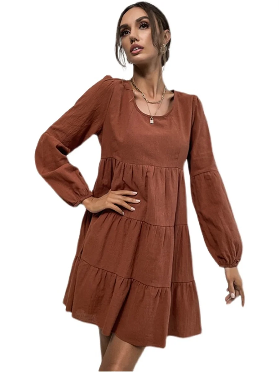 

Женское демисезонное стильное платье, однотонное ТРАПЕЦИЕВИДНОЕ мини-платье с О-образным вырезом и длинным рукавом, SS4157