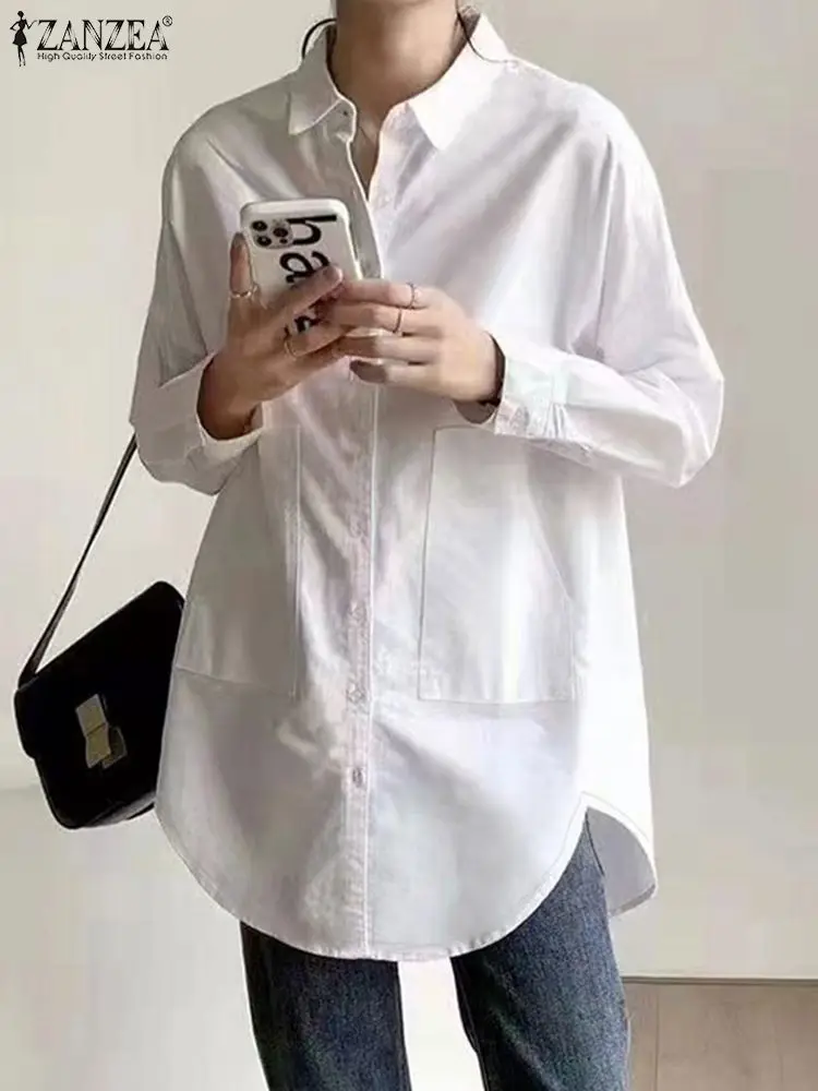 Корейские модные повседневные рубашки ZANZEA для отдыха однотонные женские длинные