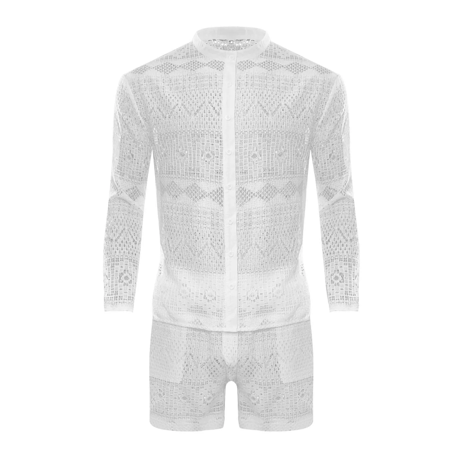 Summer Set Men Long Sleeve T-shirt Shorts Casual Holiday Beachwear Lace Sexy Top and Pants Two Piece Sets Man Matching Outfits