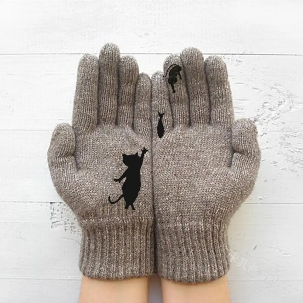 

1 Pair Women Cartoon Kitten Fish Knitted Gloves Outdoor Warm Thickening Mittens