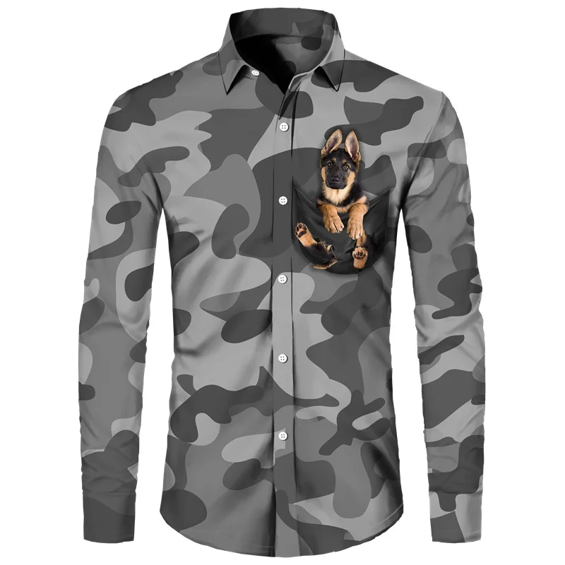 

Мужские рубашки с 3D-принтом и внутренним карманом в виде немецкой овчарки, короткий/длинный рукав в виде животного, искусственная смешная уличная одежда для пар