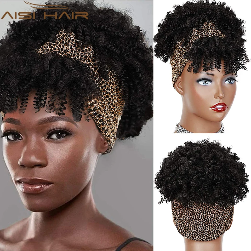 AISI HAIR-Peluca de cabello sintético para mujer, pelo corto negro rizado con flequillo, Afro Puff, turbante plateado, para envolver la cabeza