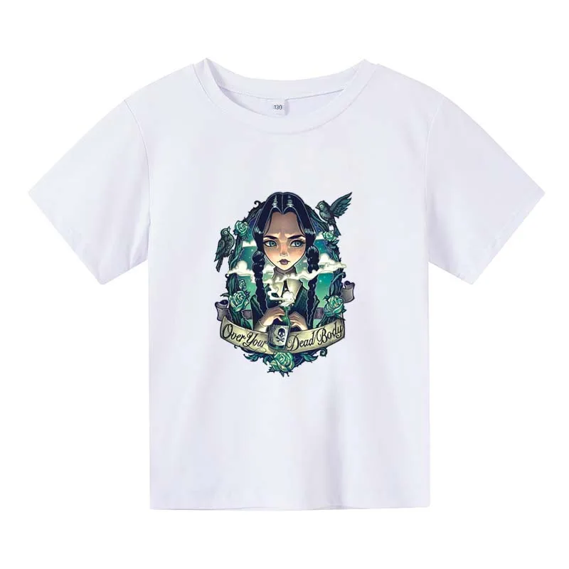 

Summer Girls Fashion Wednesday Addams Print Casual Short Sleeve T-shirts 3-14 Years Boys Girls Daily Outfits Children Clothes