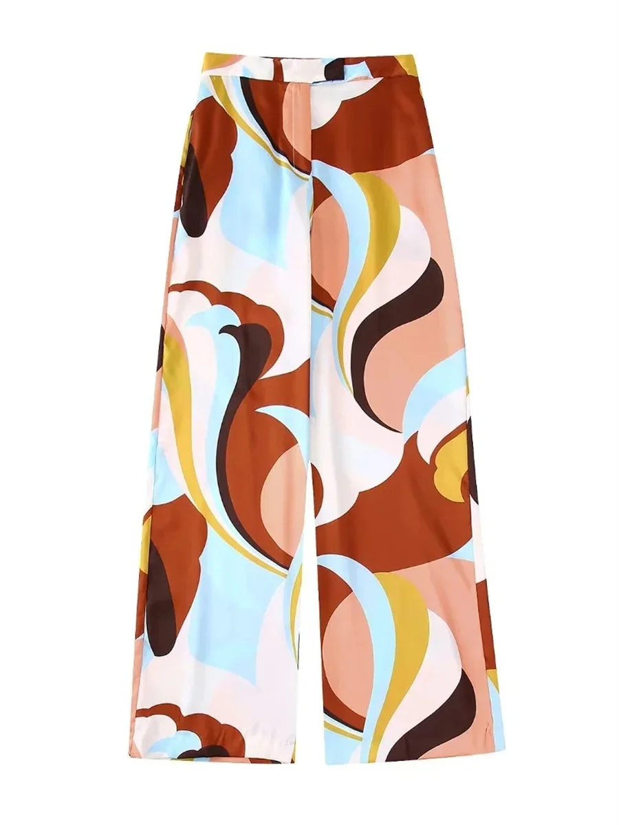 

Women Fashion Print Wide Leg Full Length Pants 2022 Summer New High Waist Buttoned Zipper Fly Casual Female Trousers Mujur