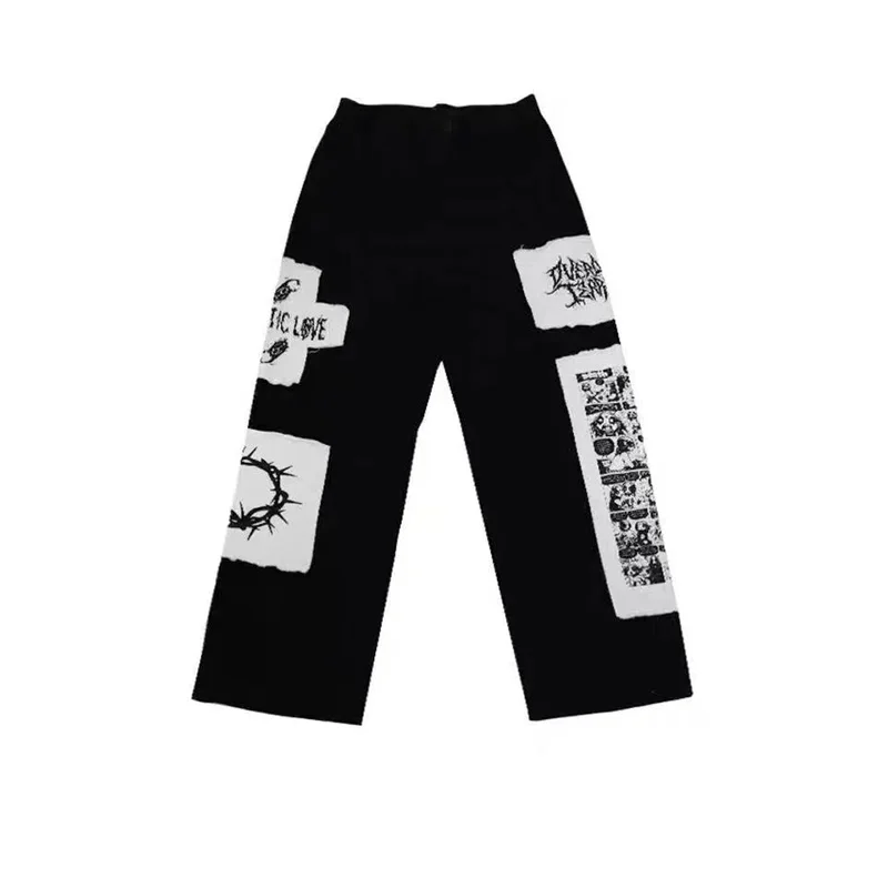 Gothic Punk Cargo Pants Anime Patch Pants For Men Women High Waist Black Trousers Wide-Leg Casual Pant Harajuku Y2k Male Bottoms