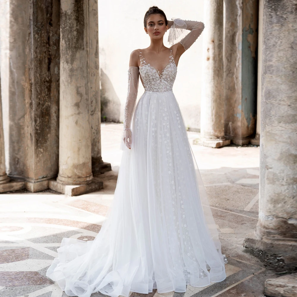 

Vintage Wedding Dress For Bride 2022 V-Neck Spaghetti Straps Long Sleeves Bridal Gown Lace Appliques Boho Pearl Vestido De Noiva