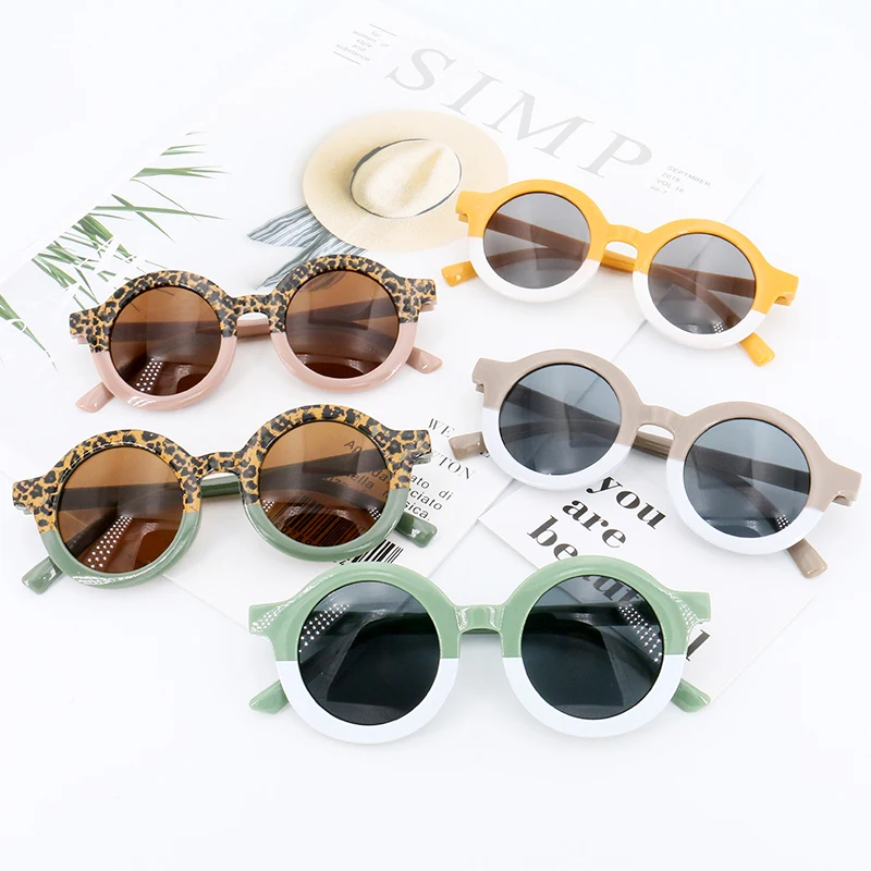 

Детские круглые солнцезащитные очки для мальчиков и девочек с милым леопардовым принтом, двухцветные Мультяшные очки в форме медведя, Детские винтажные очки с защитой UV400, классические