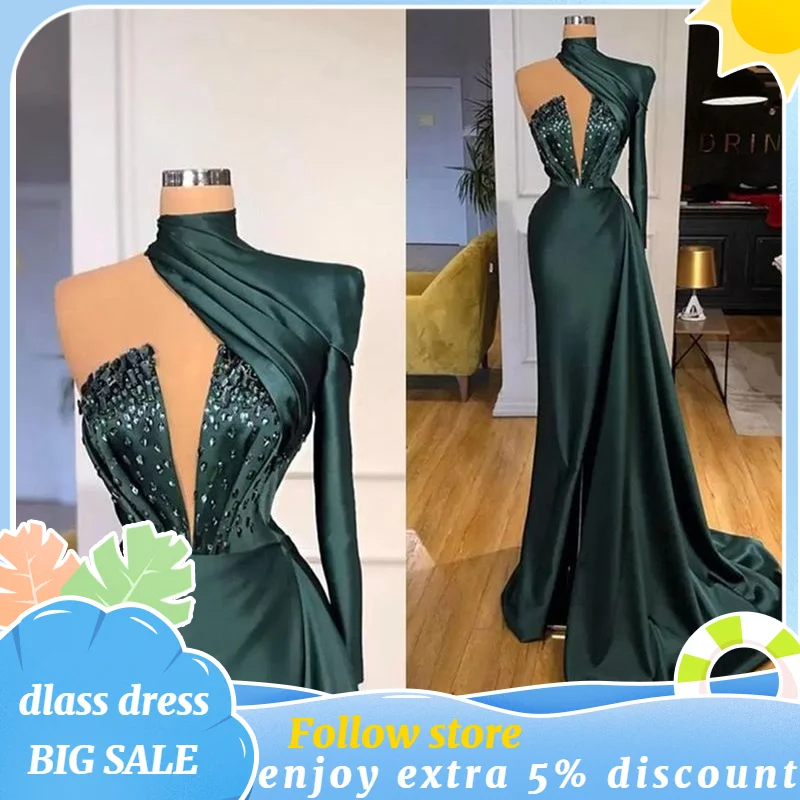 

Dubai Elegant Emerald Green Mermaid Evening Dresses Long Sleeve High Jewel Neck Beads Crystals Formal Celebrity Prom Gowns 2023