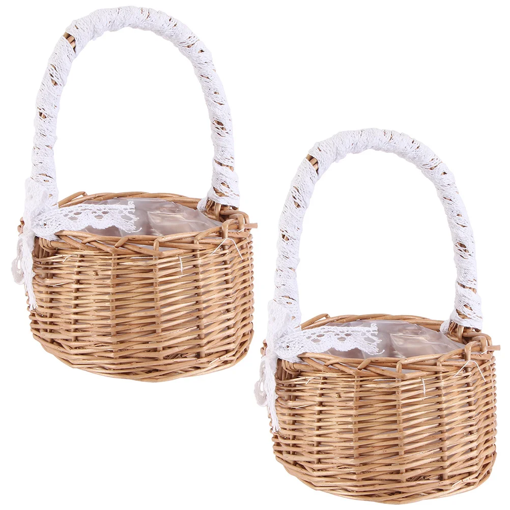 

2 Pcs Basket Weaving Flower Holding Girl Supplies Storage Wedding Hamper Holder Hand-woven Handheld Weave