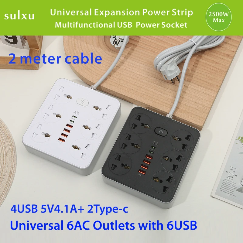 

6AC Universal Outlet UK US EU plug power socket 6USB with TYPE-C 5V4.1A Charger power board 2-meter Cable Expansion power strip