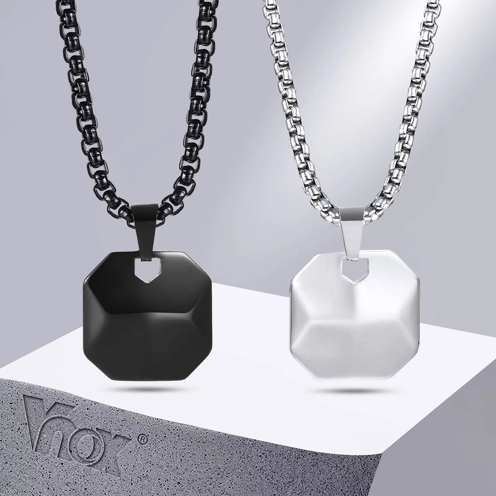 

Vnox 19mm Square Pendant Necklaces for Men Women, Black Stainless Steel 3D Geometric Collar with Box Chain, Simple Jewelry