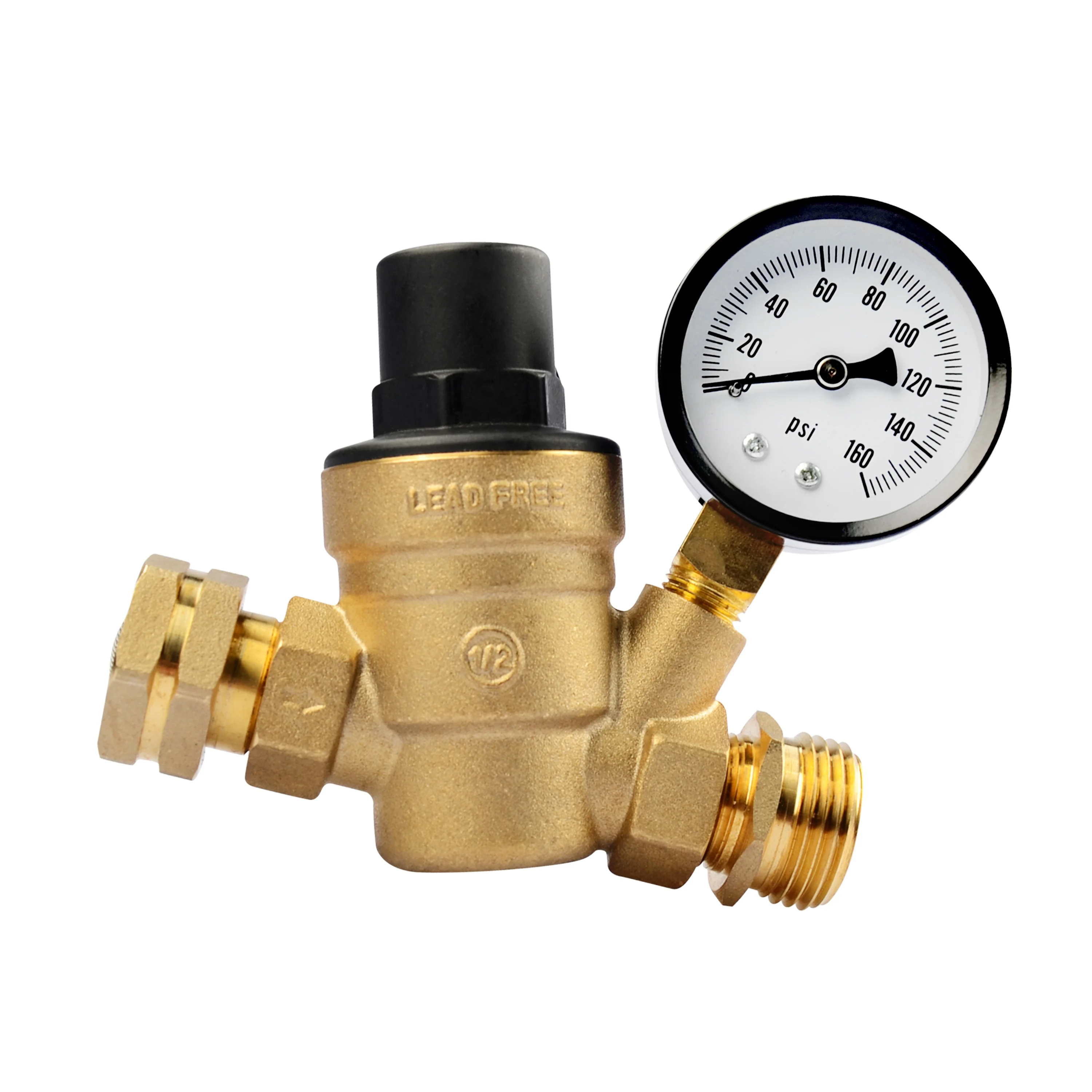 

Caravan Aceessories Water Pressure Regulator Valve Brass Lead-Free Adjustable Water Pressure Reducer with Gauge for RV Camper