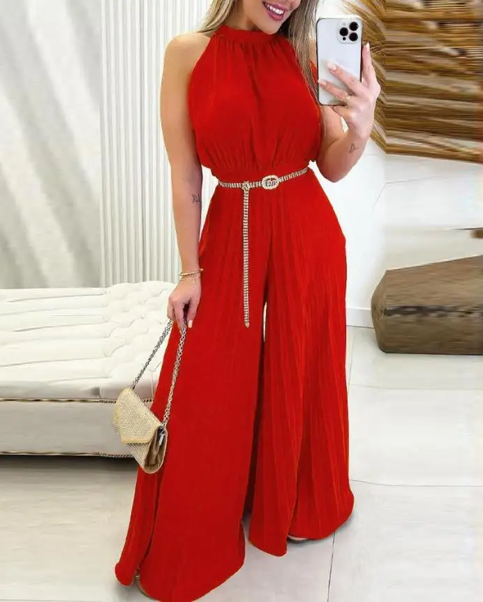Women Clothing Elegant Sleeveless Pleated Wide Leg Halter Jumpsuit Without Belt Daily Work Jumpsuit
