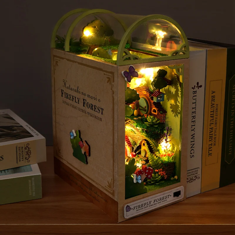 

DIY Book Nook Miniatures Shelf Insert Building Kit Firefly Forest 3D Wooden Bookend With LED For Kids Brithday Handmade Gift