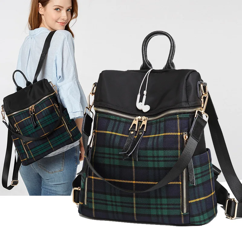 

Women's Soft Fabric Stitched Plaid Pattern Large Capacity Oxford Cloth Comfortable Backpack Travel Bag Single Shoulder Bag