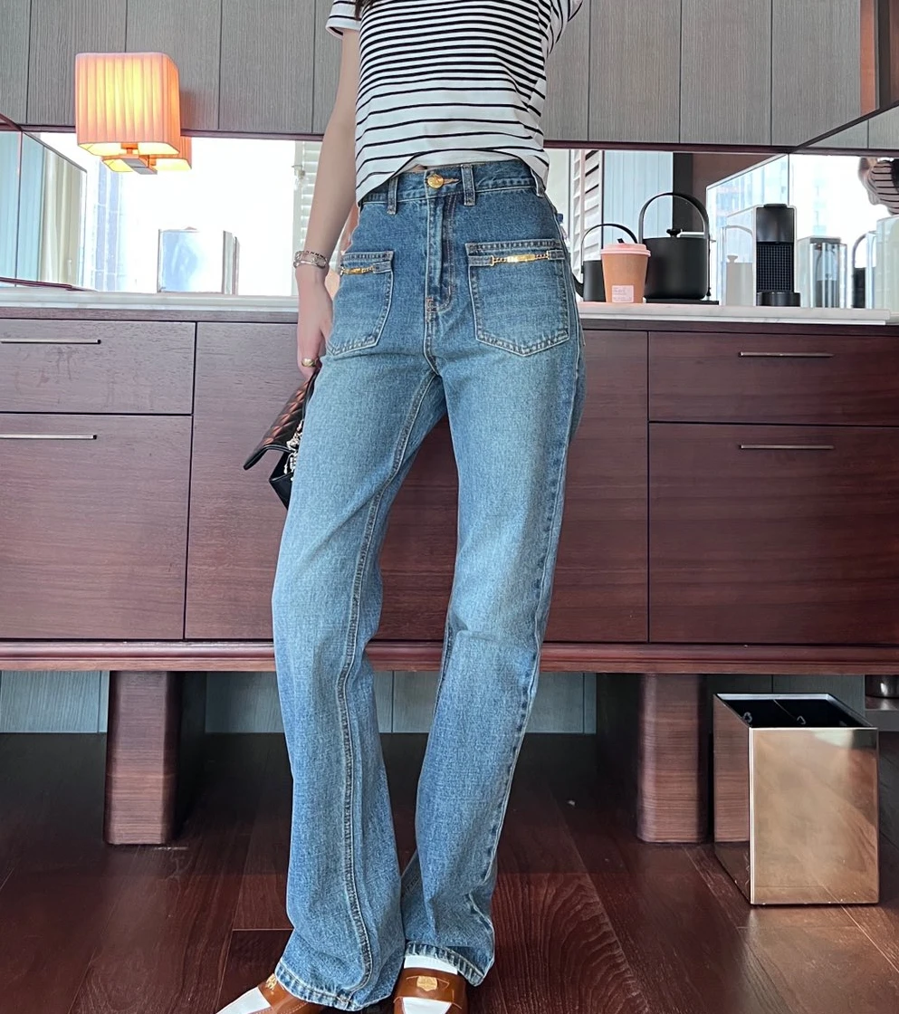 125856 Luxury Designer clothes Fashion Classic Trendy Metal decorative chain long Jeans