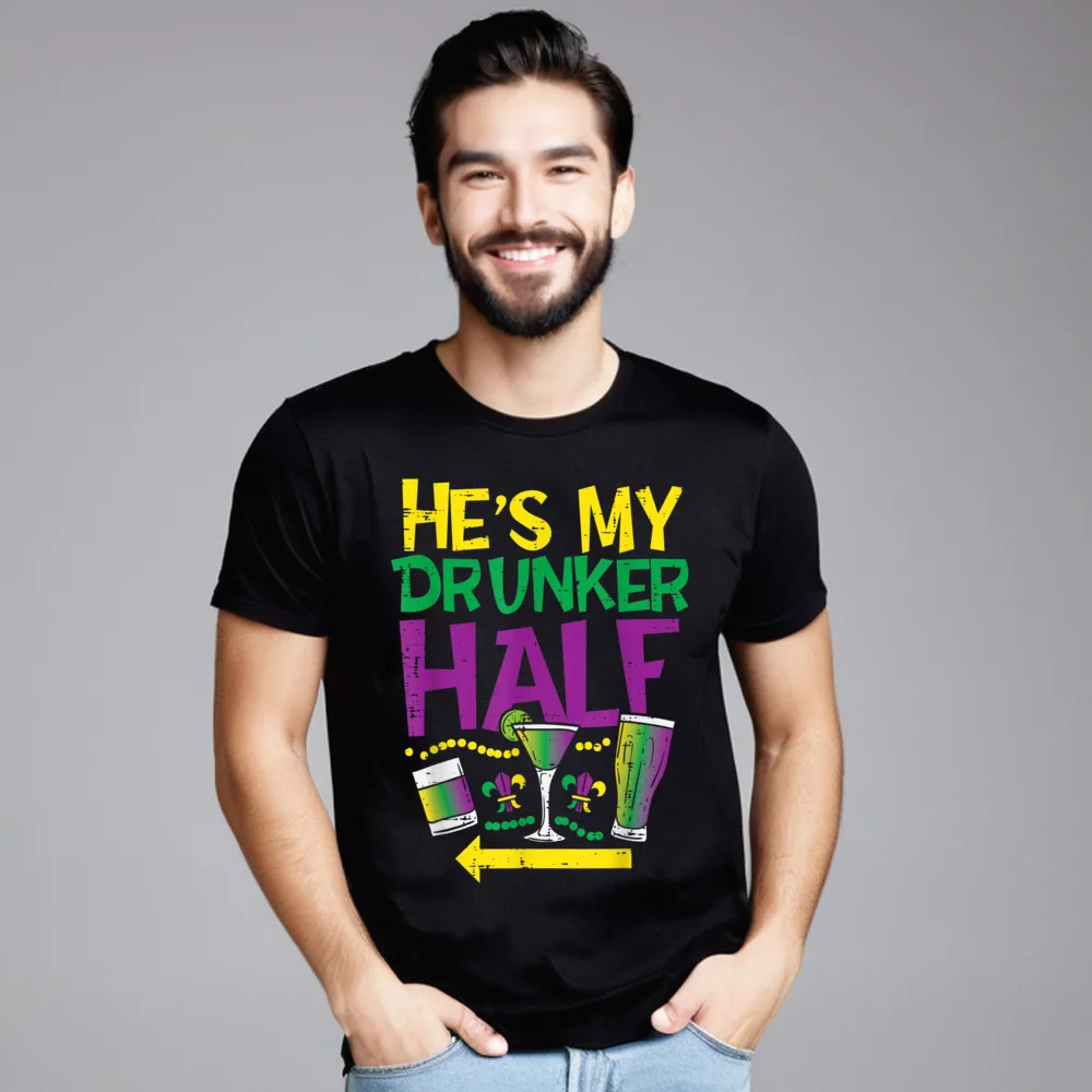 Retro Male Tops Tees Hes My Drunker Half Matching Letter T Shirt All Cotton Short Sleeve Leisure T-Shirt Round Neck