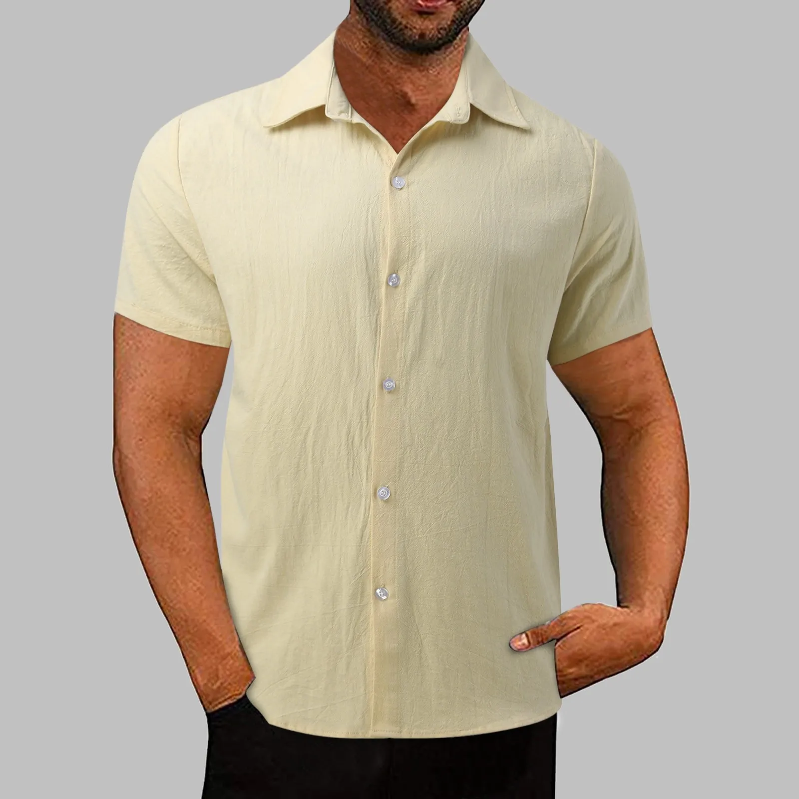 

Male Soild Colour Blouse Cotton Button Down Holiday Beach Shirts Loose Tops Short Sleeve Tee Shirt Mens Turn down Collar