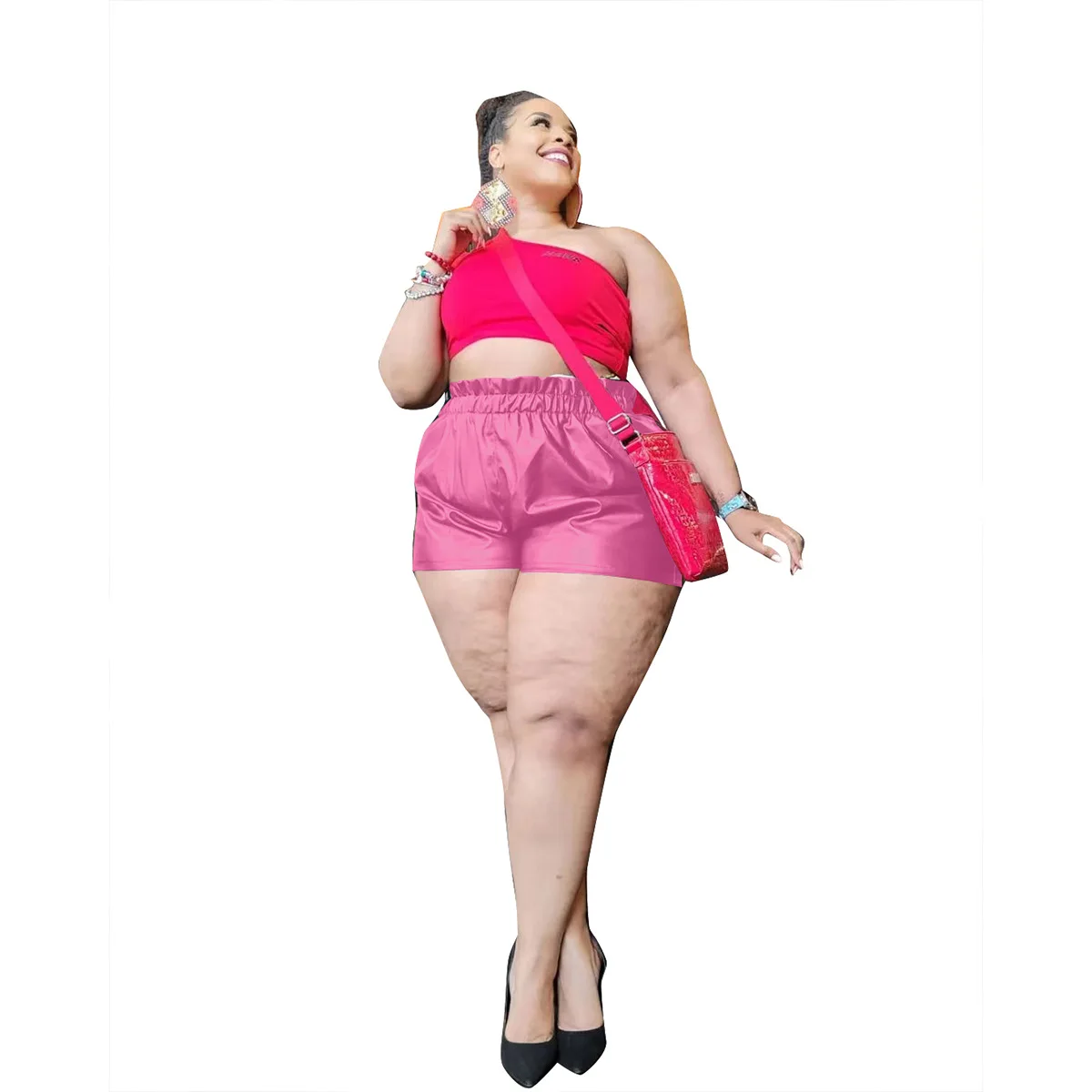 Plus Size Streetwear Pu Leather Biker Shorts Pants Summer Clothing For Women Outfit Fashion High Waist Loose Soild Short Trouser