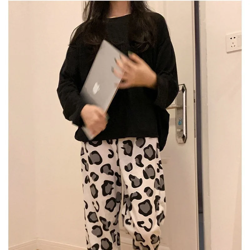 QWEEK Autumn Women's Clothing Solid Color Black Top Leopard Print Pants Pajamas Bedroom Set Girls Home Clothes Pijamas Pyjamas