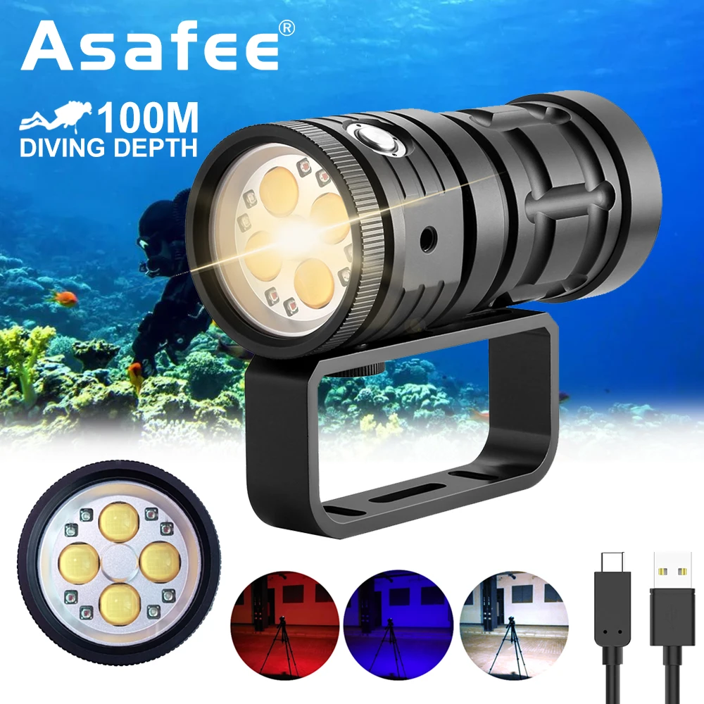 Asafee D16 100M Underwater 18000LM Deep Diving Flashlight 120 Degree Luminou Fill Light Rechargeable Waterproof Lamp Dual Switch