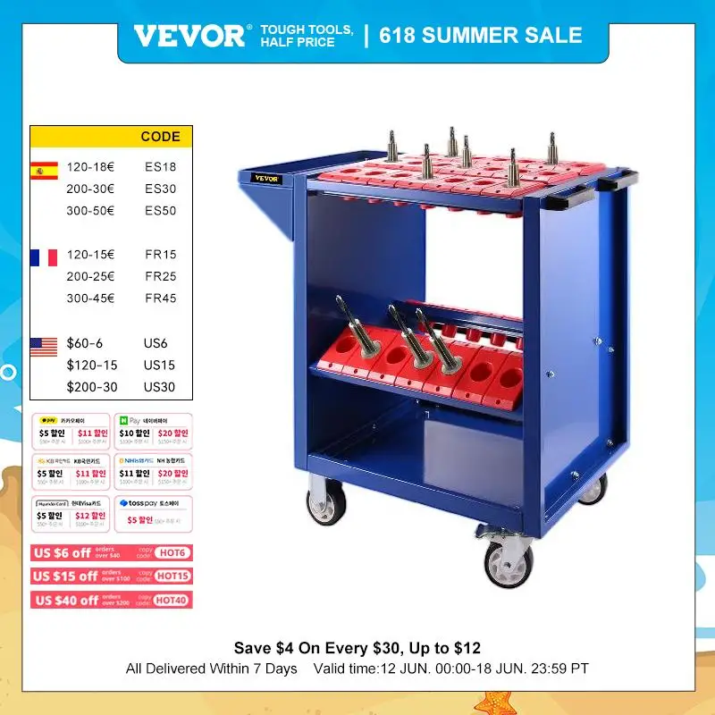 VEVOR BT40 CNC Tool Trolley Cart 35 Capacity Tooling Blue 40 Taper Tool Holders Shelf Cart with Two Swivel Two Fixed Casters