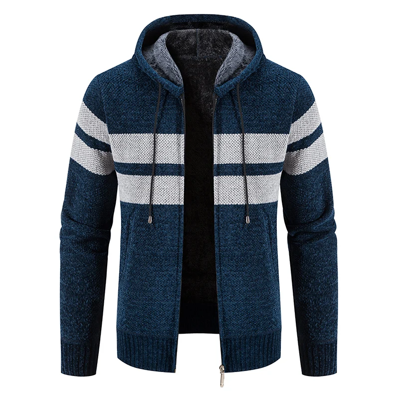 Autumn and Winter New Hooded Men's Sweater Thickened Plus Velvet Men's Slim Cardigan Knitted Sweater Patchwork Jacket