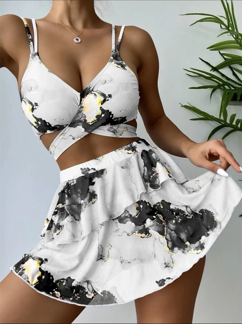 

3 Colors) Marble Print Three Piece Sexy Bikini Swimsuit Beach Skirt Swimsuit Women Swimwear Fashion Summer Beach Swimsuit