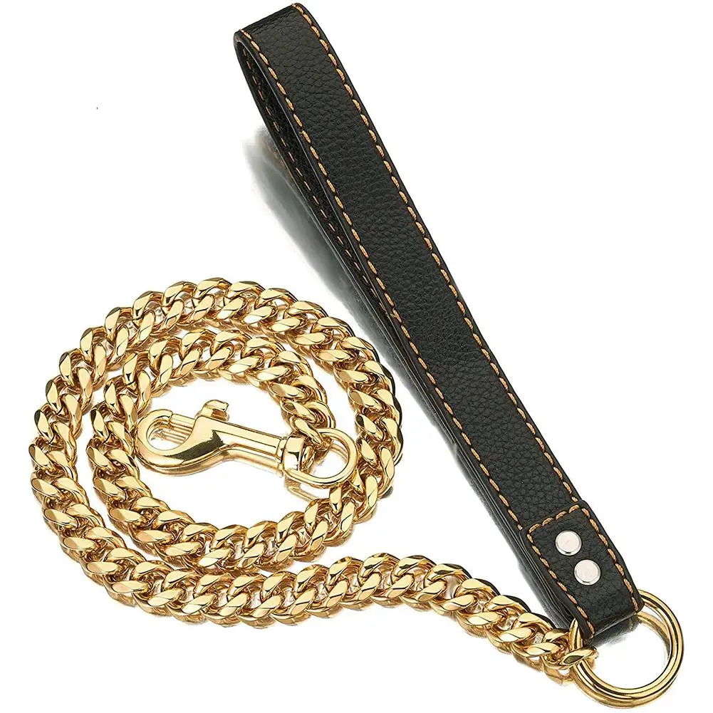 

15mm Pet Dog Leash Chain Traction Rope Stainless Steel Link Collar With Leather Handle For Dog Accessories Training