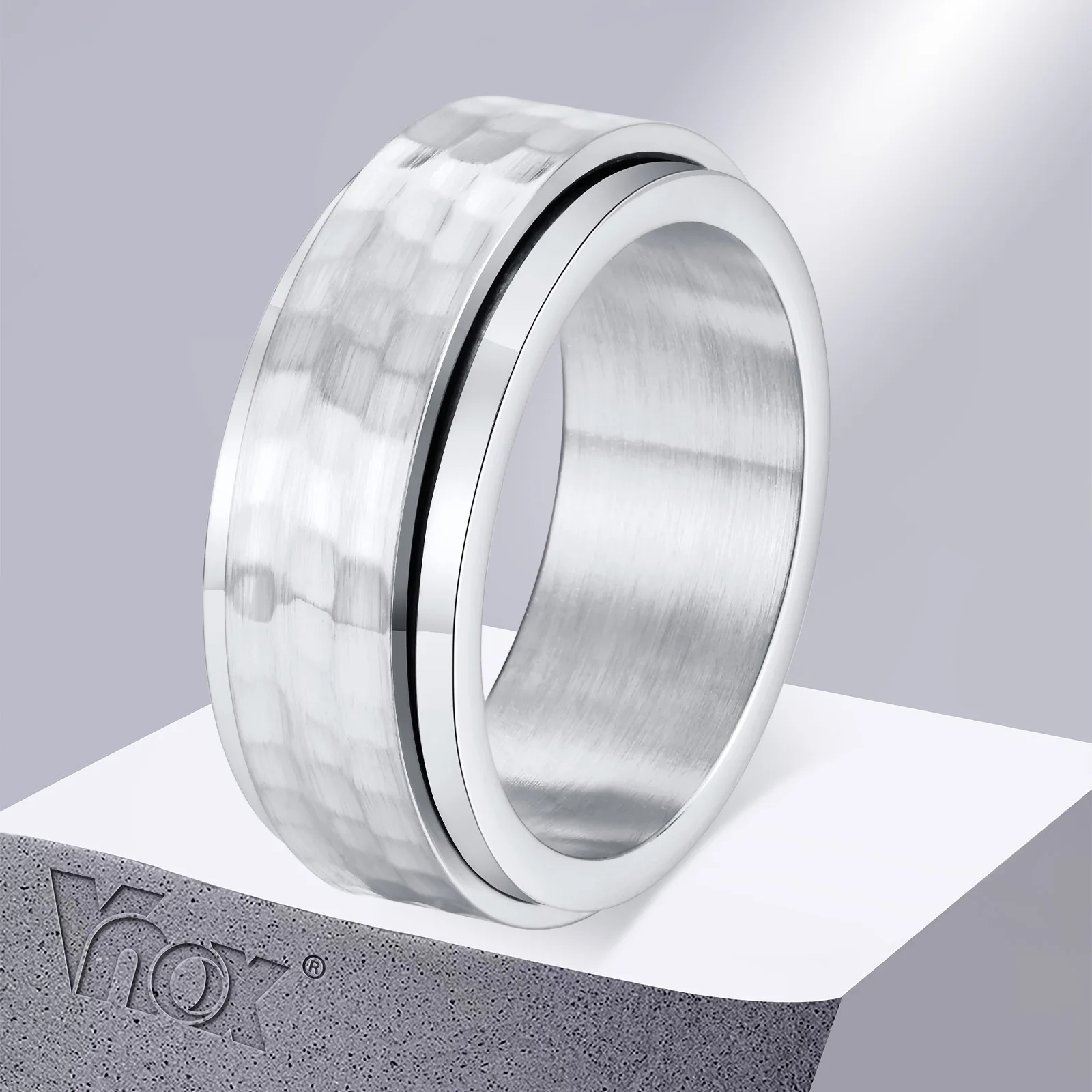 

Vnox 8mm Spinner Rings for Men with Hammered Style, Stainless Steel Fidget Anxiety Wedding Bands, Silver/Black/Gold Color