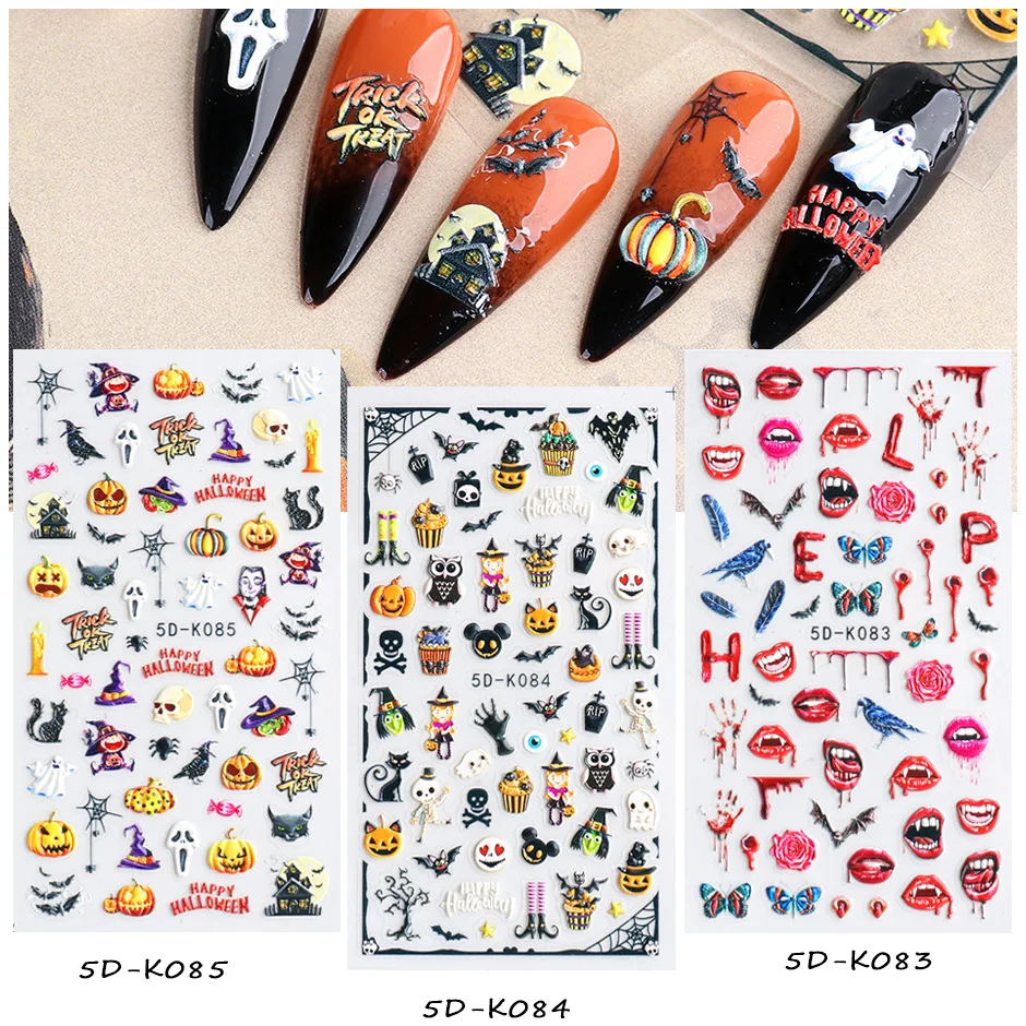 

5D Halloween Nail Design 2022 relief Sticker for Nail Art Anime Skull Bone Snake Maple Leaf Decals Manicure Nail Decor