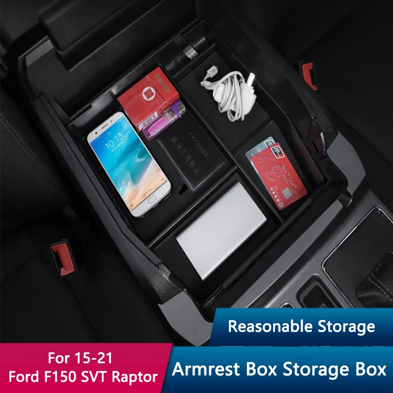 QHCP Car Center Armrest Storage Box Organizer Holder Tray Pallet Fit For Ford F150 Raptor 2015-2021 Styling Interior Accessories