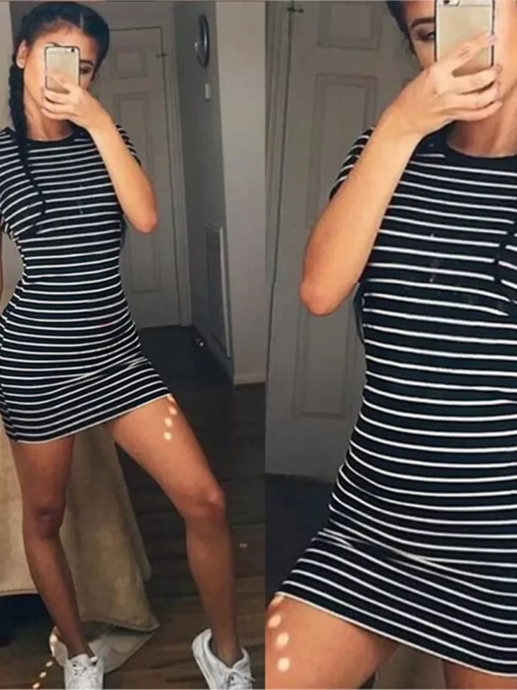 

Summer Casual Striped O-neck Short-sleeved Dress Black And White Striped Dresses Casual Elegant Sheath Slim Dress